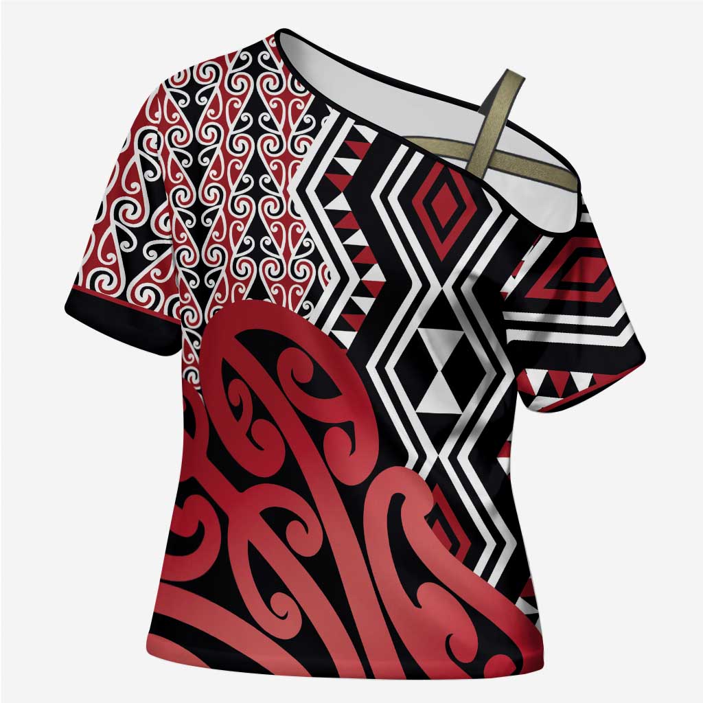New Zealand Cross Shoulder Shirt Aotearoa Kowhaiwhai Mix Taniko Art - Red - Polynesian Pride