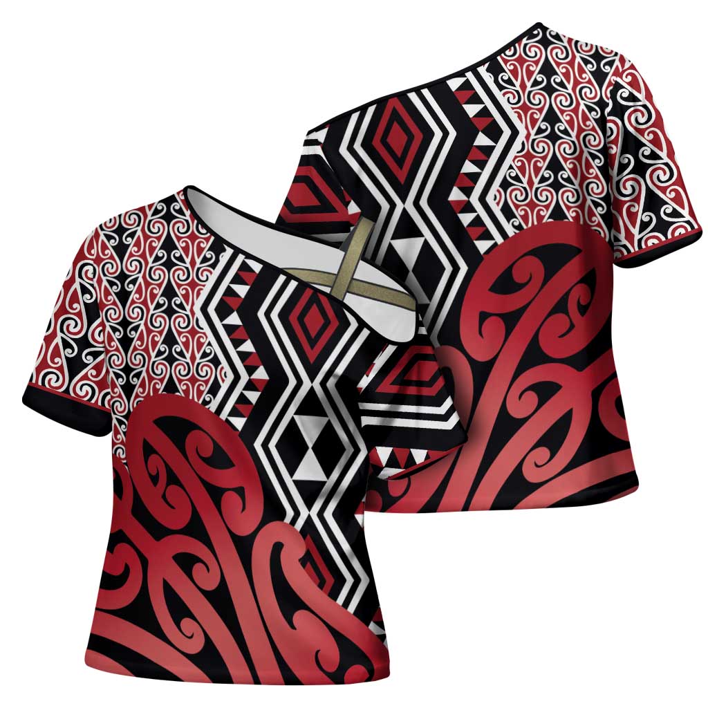 New Zealand Cross Shoulder Shirt Aotearoa Kowhaiwhai Mix Taniko Art - Red - Polynesian Pride