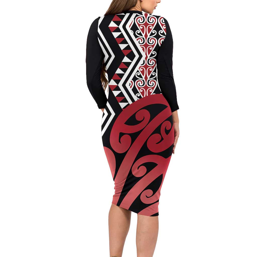 New Zealand Family Matching Long Sleeve Bodycon Dress and Hawaiian Shirt Aotearoa Kowhaiwhai Mix Taniko Art - Red LT14 - Polynesian Pride