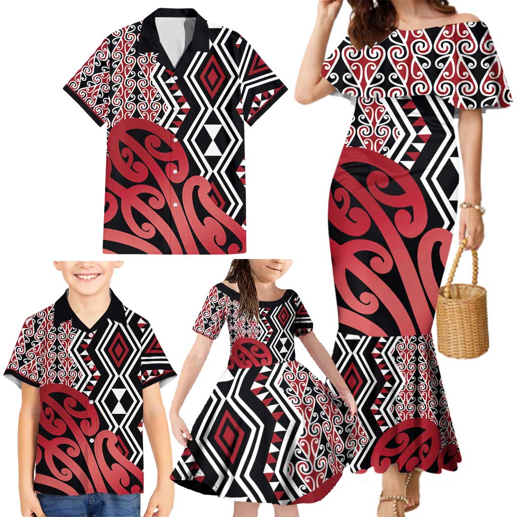 New Zealand Family Matching Mermaid Dress and Hawaiian Shirt Aotearoa Kowhaiwhai Mix Taniko Art - Red LT14 - Polynesian Pride