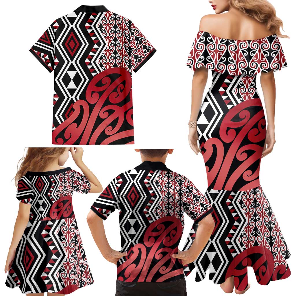 New Zealand Family Matching Mermaid Dress and Hawaiian Shirt Aotearoa Kowhaiwhai Mix Taniko Art - Red LT14 - Polynesian Pride