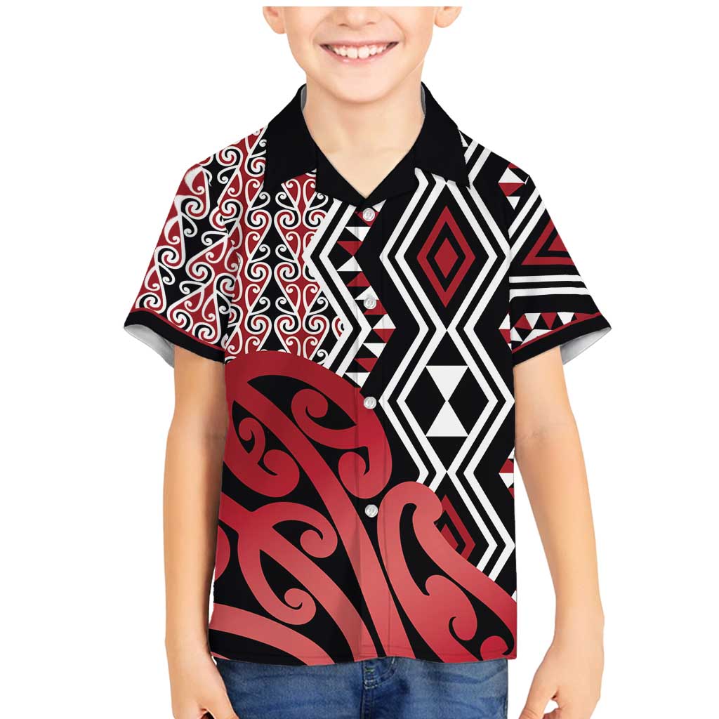 New Zealand Family Matching Mermaid Dress and Hawaiian Shirt Aotearoa Kowhaiwhai Mix Taniko Art - Red LT14 Son's Shirt Red - Polynesian Pride