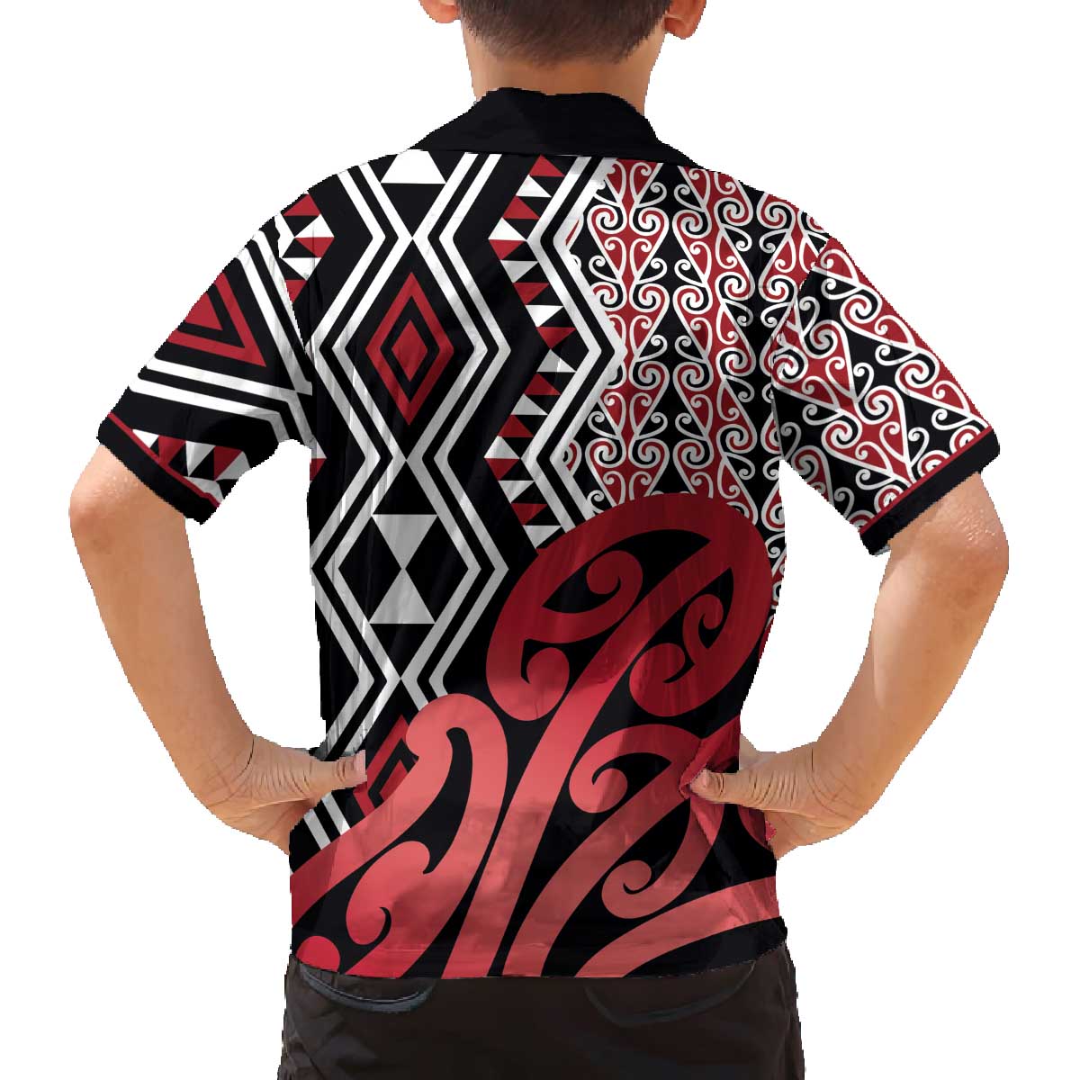 New Zealand Family Matching Off The Shoulder Long Sleeve Dress and Hawaiian Shirt Aotearoa Kowhaiwhai Mix Taniko Art - Red LT14 - Polynesian Pride