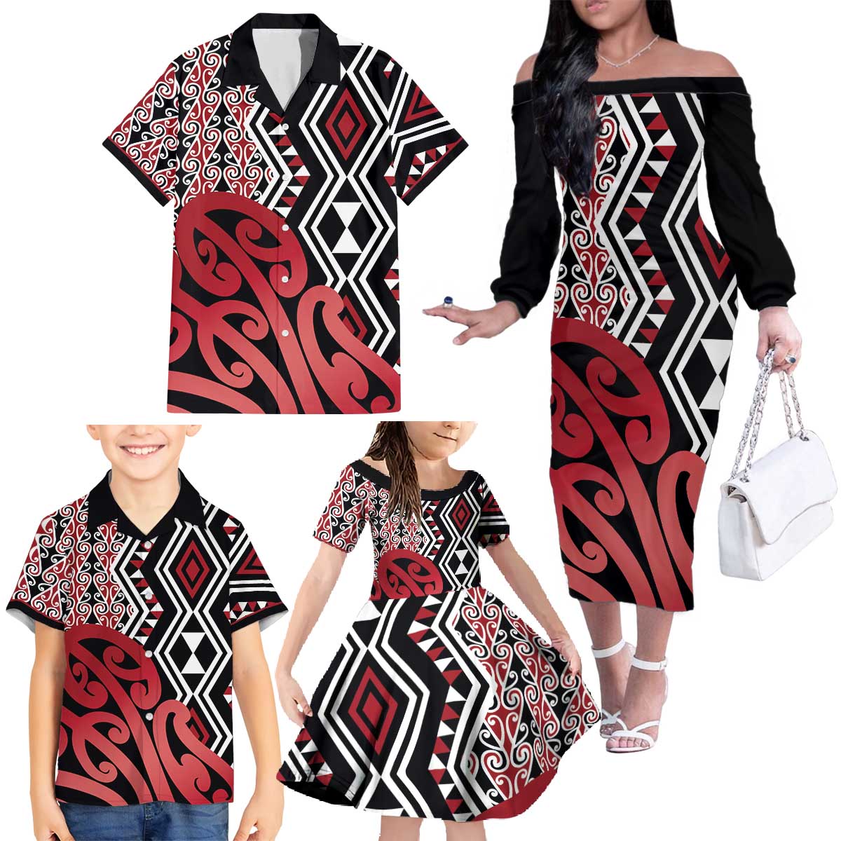 New Zealand Family Matching Off The Shoulder Long Sleeve Dress and Hawaiian Shirt Aotearoa Kowhaiwhai Mix Taniko Art - Red LT14 - Polynesian Pride