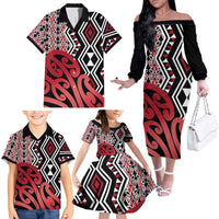 New Zealand Family Matching Off The Shoulder Long Sleeve Dress and Hawaiian Shirt Aotearoa Kowhaiwhai Mix Taniko Art - Red LT14 - Polynesian Pride