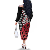 New Zealand Family Matching Off The Shoulder Long Sleeve Dress and Hawaiian Shirt Aotearoa Kowhaiwhai Mix Taniko Art - Red LT14 - Polynesian Pride