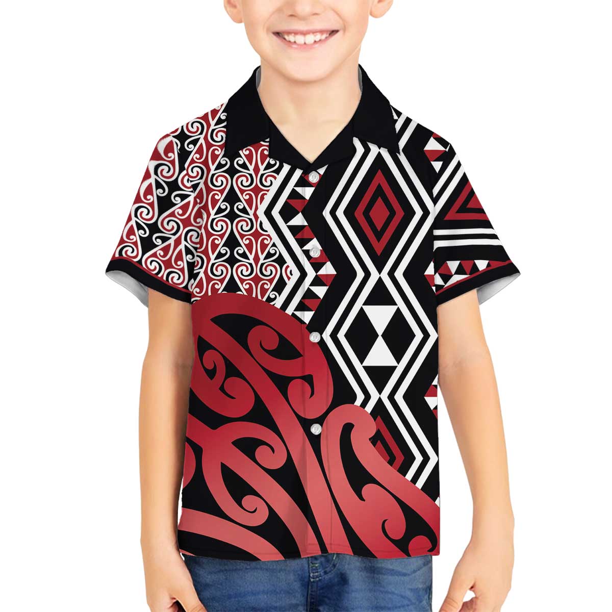 New Zealand Family Matching Off The Shoulder Long Sleeve Dress and Hawaiian Shirt Aotearoa Kowhaiwhai Mix Taniko Art - Red LT14 Son's Shirt Red - Polynesian Pride