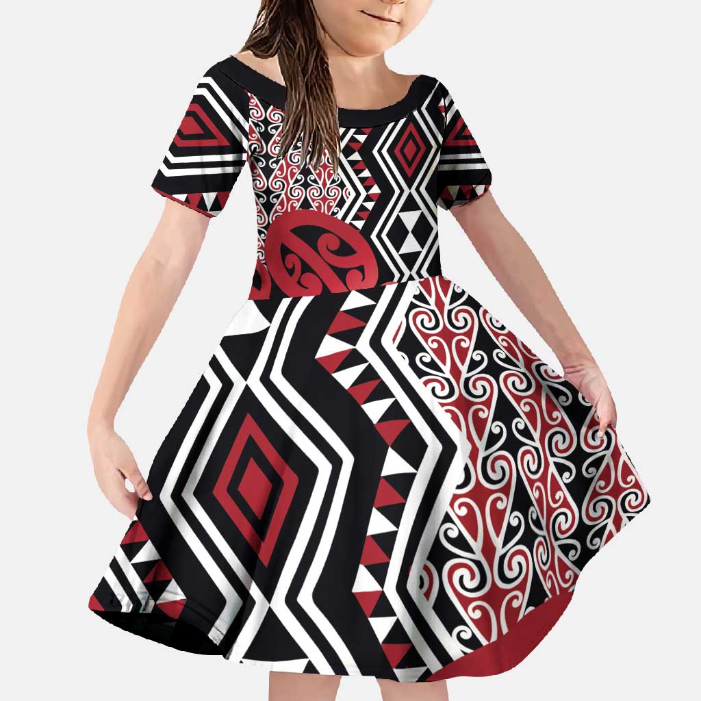 New Zealand Family Matching Off Shoulder Maxi Dress and Hawaiian Shirt Aotearoa Kowhaiwhai Mix Taniko Art - Red LT14 Daughter's Dress Red - Polynesian Pride
