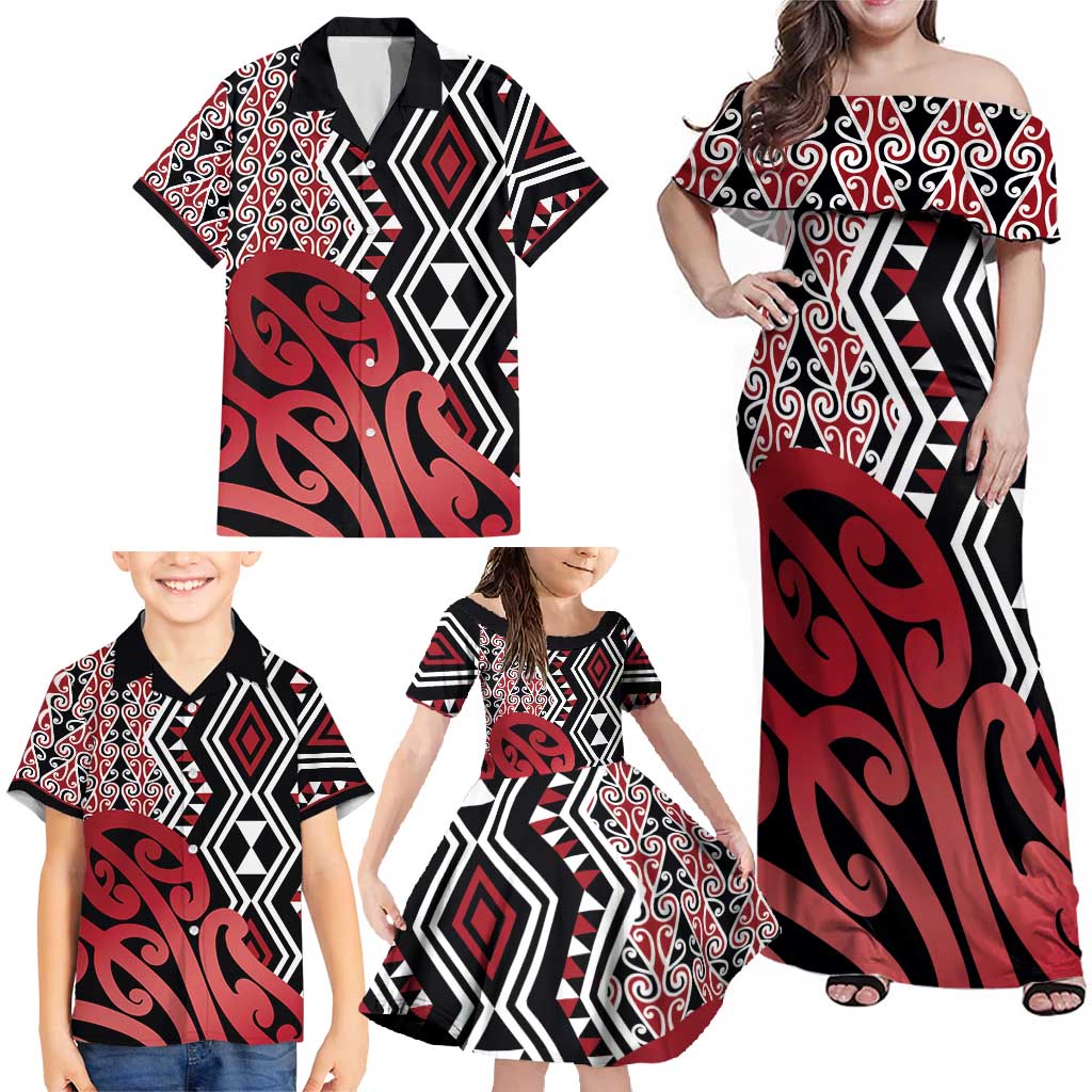 New Zealand Family Matching Off Shoulder Maxi Dress and Hawaiian Shirt Aotearoa Kowhaiwhai Mix Taniko Art - Red LT14 - Polynesian Pride