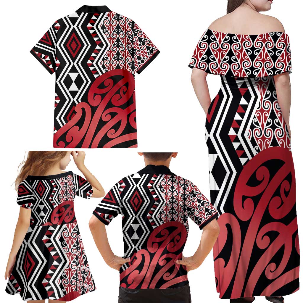 New Zealand Family Matching Off Shoulder Maxi Dress and Hawaiian Shirt Aotearoa Kowhaiwhai Mix Taniko Art - Red LT14 - Polynesian Pride
