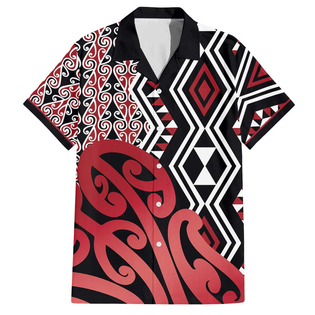 New Zealand Family Matching Off Shoulder Short Dress and Hawaiian Shirt Aotearoa Kowhaiwhai Mix Taniko Art - Red LT14 Dad's Shirt - Short Sleeve Red - Polynesian Pride