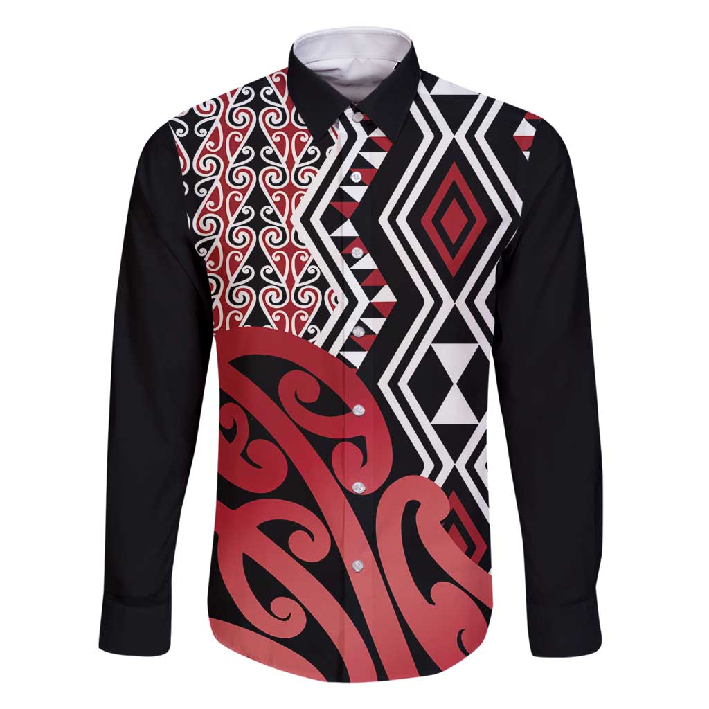 New Zealand Family Matching Off Shoulder Short Dress and Hawaiian Shirt Aotearoa Kowhaiwhai Mix Taniko Art - Red LT14 Dad's Shirt - Long Sleeve Red - Polynesian Pride