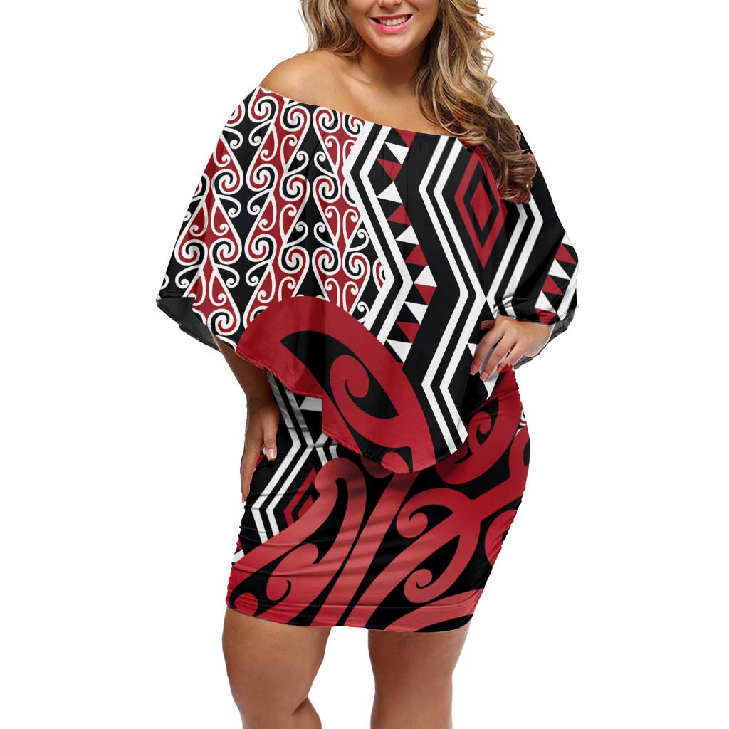 New Zealand Family Matching Off Shoulder Short Dress and Hawaiian Shirt Aotearoa Kowhaiwhai Mix Taniko Art - Red LT14 Mom's Dress Red - Polynesian Pride