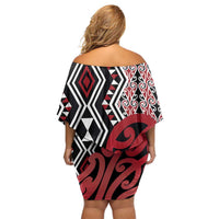 New Zealand Family Matching Off Shoulder Short Dress and Hawaiian Shirt Aotearoa Kowhaiwhai Mix Taniko Art - Red LT14 - Polynesian Pride