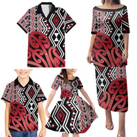 New Zealand Family Matching Puletasi and Hawaiian Shirt Aotearoa Kowhaiwhai Mix Taniko Art - Red LT14 - Polynesian Pride