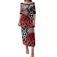 New Zealand Family Matching Puletasi and Hawaiian Shirt Aotearoa Kowhaiwhai Mix Taniko Art - Red LT14 Mom's Dress Red - Polynesian Pride