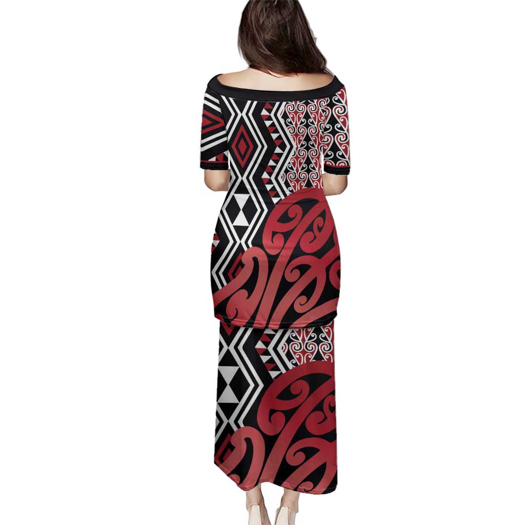 New Zealand Family Matching Puletasi and Hawaiian Shirt Aotearoa Kowhaiwhai Mix Taniko Art - Red LT14 - Polynesian Pride