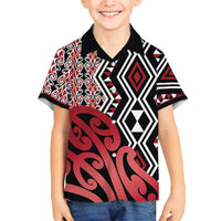 New Zealand Family Matching Puletasi and Hawaiian Shirt Aotearoa Kowhaiwhai Mix Taniko Art - Red LT14 Son's Shirt Red - Polynesian Pride