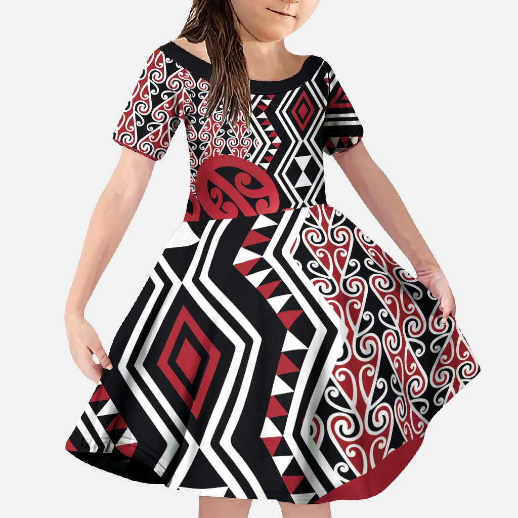 New Zealand Family Matching Short Sleeve Bodycon Dress and Hawaiian Shirt Aotearoa Kowhaiwhai Mix Taniko Art - Red LT14 Daughter's Dress Red - Polynesian Pride
