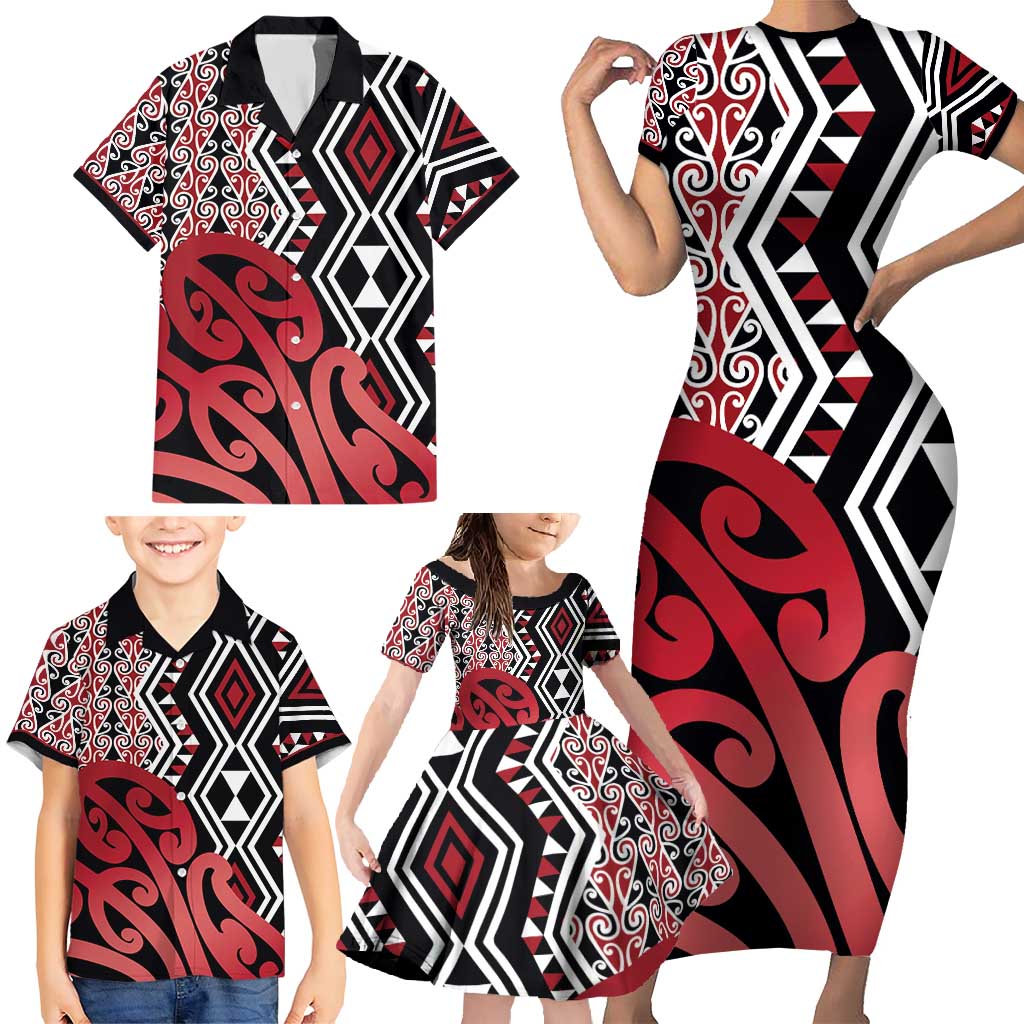 New Zealand Family Matching Short Sleeve Bodycon Dress and Hawaiian Shirt Aotearoa Kowhaiwhai Mix Taniko Art - Red LT14 - Polynesian Pride