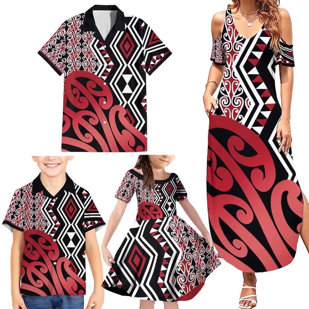 New Zealand Family Matching Summer Maxi Dress and Hawaiian Shirt Aotearoa Kowhaiwhai Mix Taniko Art - Red LT14 - Polynesian Pride