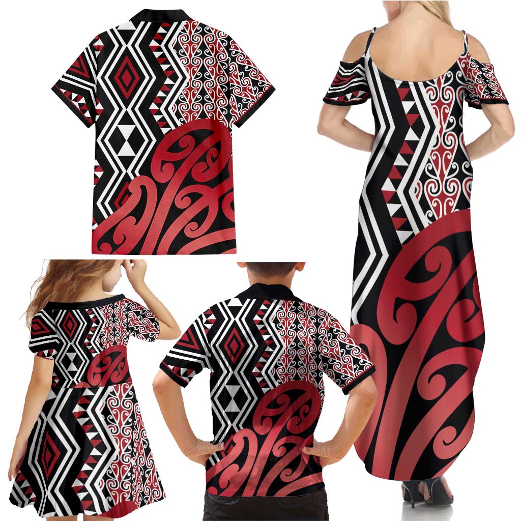New Zealand Family Matching Summer Maxi Dress and Hawaiian Shirt Aotearoa Kowhaiwhai Mix Taniko Art - Red LT14 - Polynesian Pride