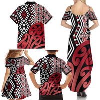 New Zealand Family Matching Summer Maxi Dress and Hawaiian Shirt Aotearoa Kowhaiwhai Mix Taniko Art - Red LT14 - Polynesian Pride