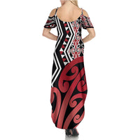 New Zealand Family Matching Summer Maxi Dress and Hawaiian Shirt Aotearoa Kowhaiwhai Mix Taniko Art - Red LT14 - Polynesian Pride