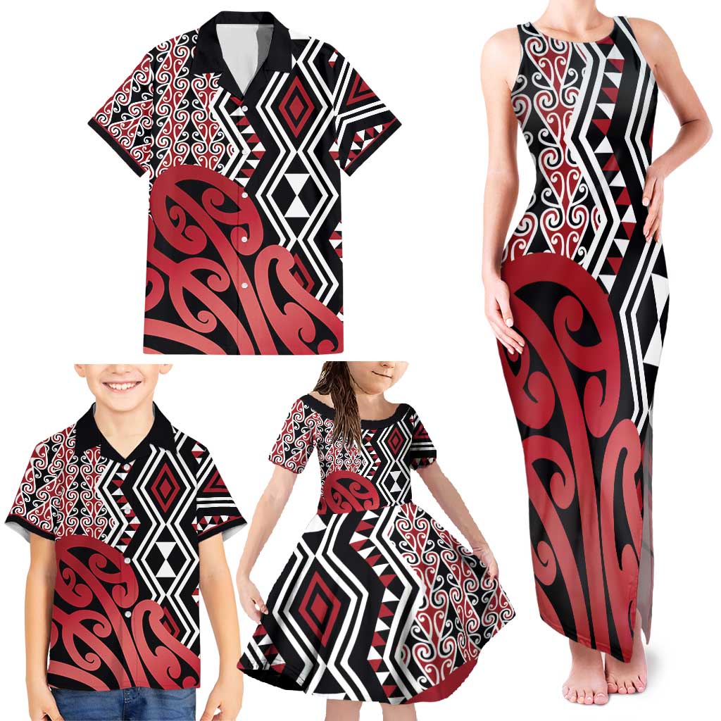 New Zealand Family Matching Tank Maxi Dress and Hawaiian Shirt Aotearoa Kowhaiwhai Mix Taniko Art - Red LT14 - Polynesian Pride
