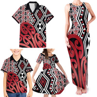 New Zealand Family Matching Tank Maxi Dress and Hawaiian Shirt Aotearoa Kowhaiwhai Mix Taniko Art - Red LT14 - Polynesian Pride
