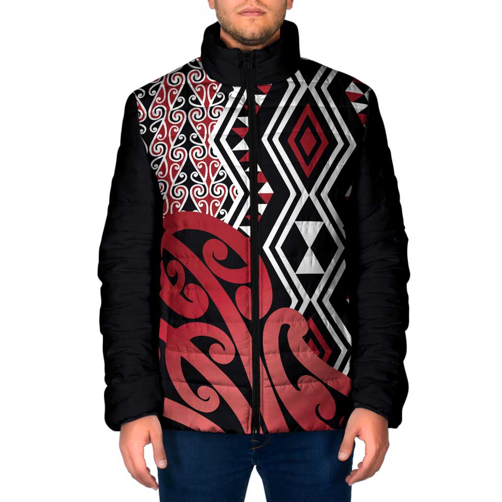 New Zealand Padded Jacket Aotearoa Kowhaiwhai Mix Taniko Art - Red - Polynesian Pride