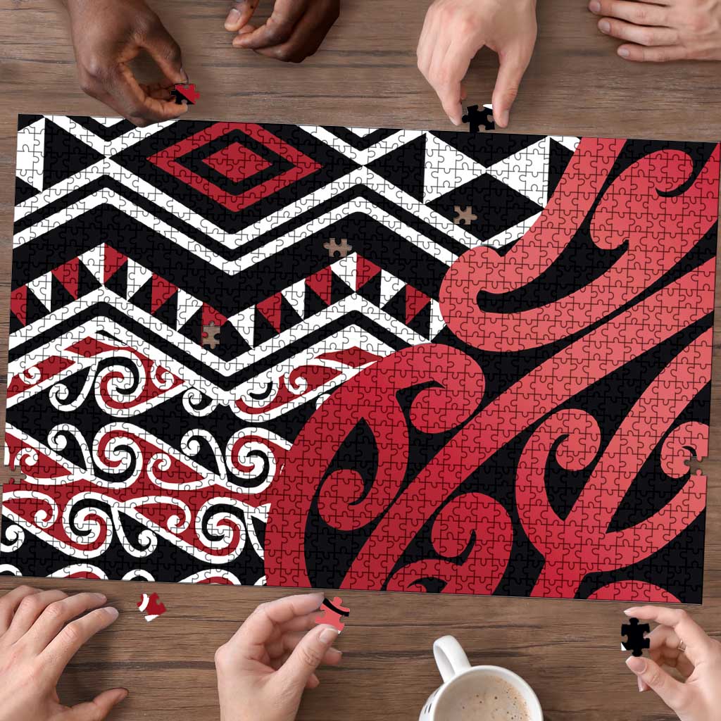 New Zealand Puzzle Aotearoa Kowhaiwhai Mix Taniko Art - Red - Polynesian Pride