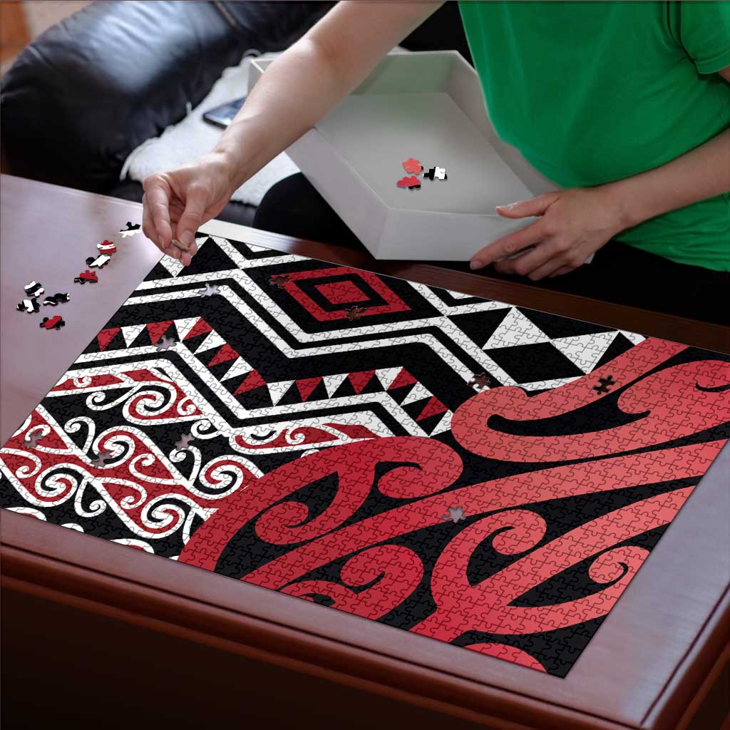New Zealand Puzzle Aotearoa Kowhaiwhai Mix Taniko Art - Red - Polynesian Pride