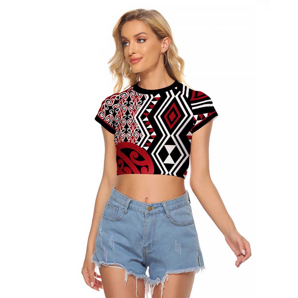 New Zealand Raglan Cropped T Shirt Aotearoa Kowhaiwhai Mix Taniko Art - Red