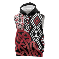 New Zealand Sleeveless Hoodie Aotearoa Kowhaiwhai Mix Taniko Art - Red - Polynesian Pride