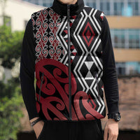 New Zealand Sleeveless Puffer Jacket Aotearoa Kowhaiwhai Mix Taniko Art - Red - Polynesian Pride
