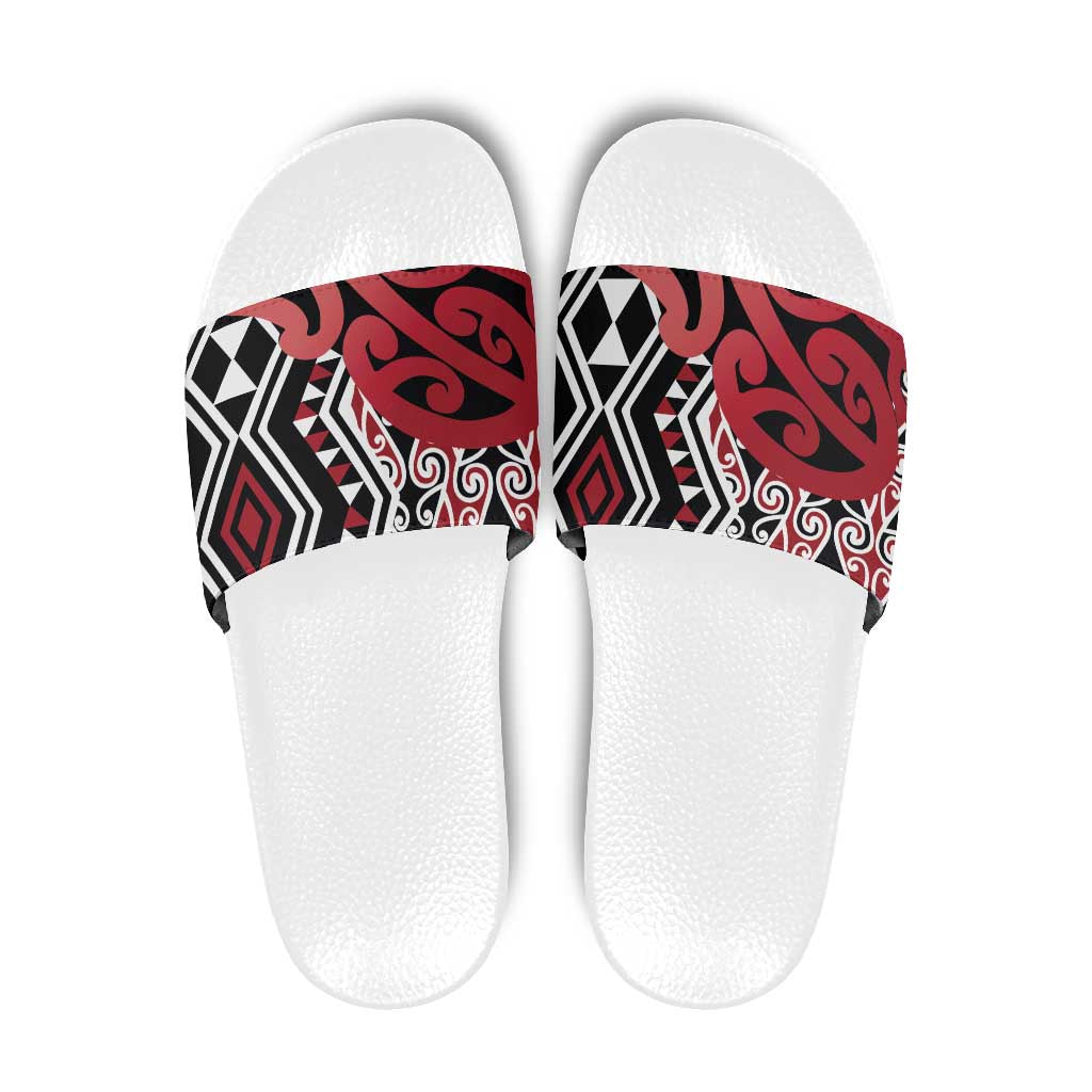 New Zealand Slide Sandals Aotearoa Kowhaiwhai Mix Taniko Art - Red - Polynesian Pride