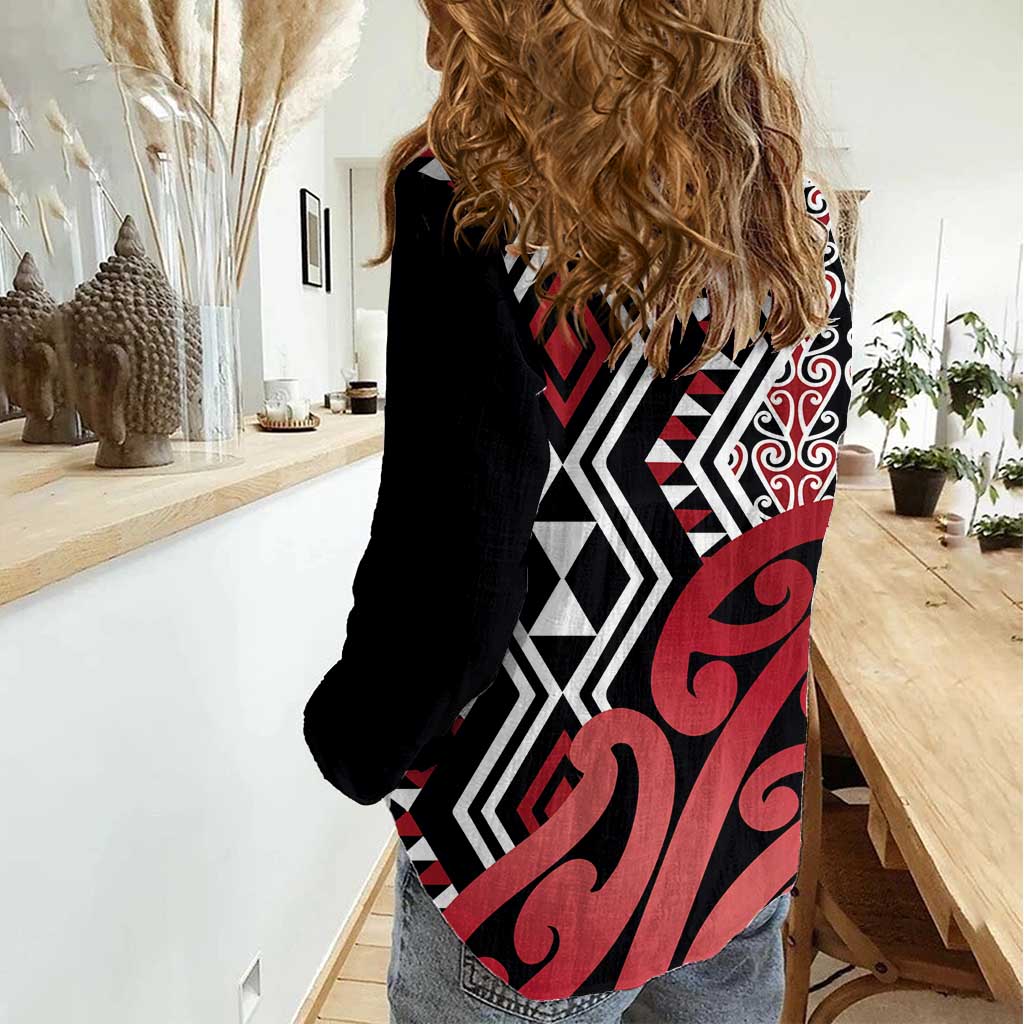 New Zealand Women Casual Shirt Aotearoa Kowhaiwhai Mix Taniko Art - Red LT14 - Polynesian Pride