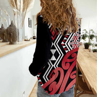 New Zealand Women Casual Shirt Aotearoa Kowhaiwhai Mix Taniko Art - Red LT14 - Polynesian Pride