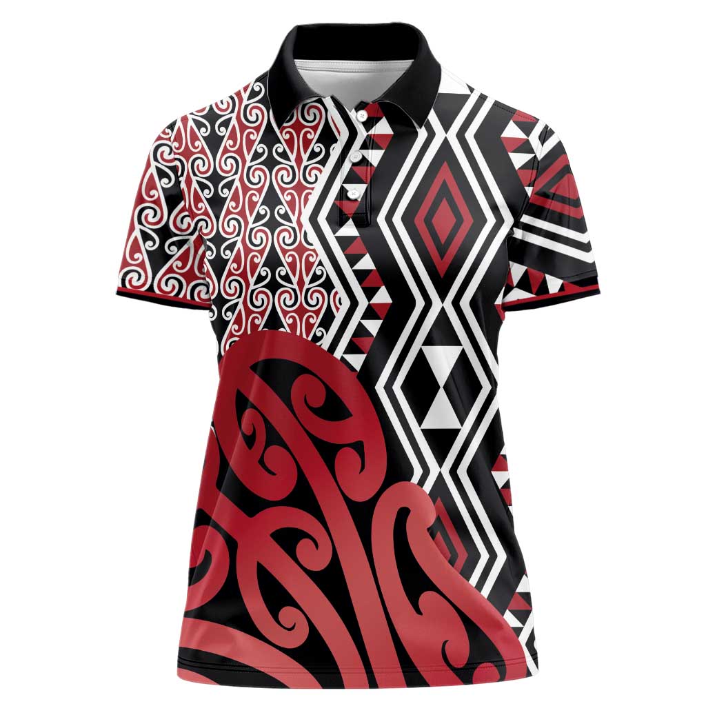 New Zealand Women Polo Shirt Aotearoa Kowhaiwhai Mix Taniko Art - Red LT14 Female Red - Polynesian Pride