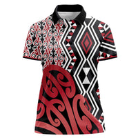 New Zealand Women Polo Shirt Aotearoa Kowhaiwhai Mix Taniko Art - Red LT14 Female Red - Polynesian Pride