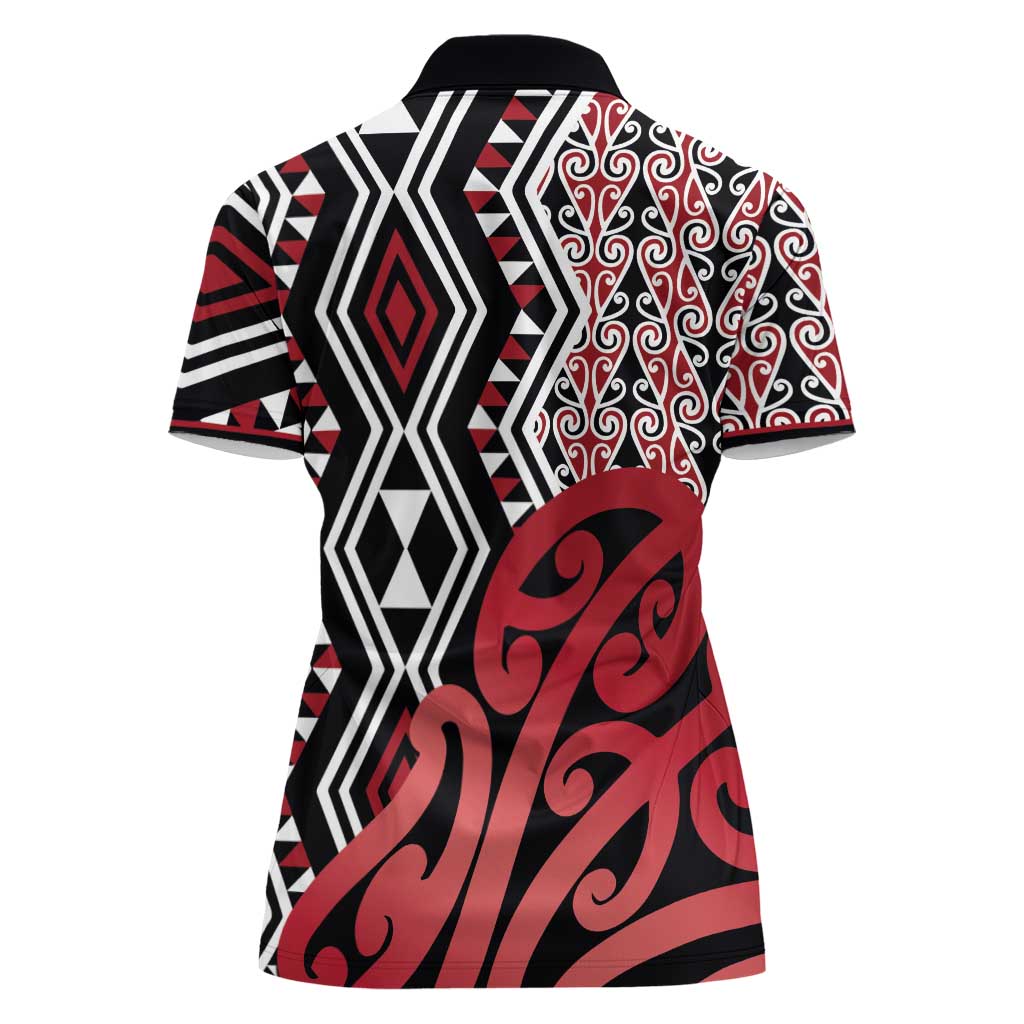 New Zealand Women Polo Shirt Aotearoa Kowhaiwhai Mix Taniko Art - Red LT14 - Polynesian Pride