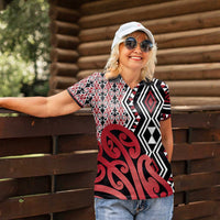 New Zealand Women Polo Shirt Aotearoa Kowhaiwhai Mix Taniko Art - Red LT14 - Polynesian Pride