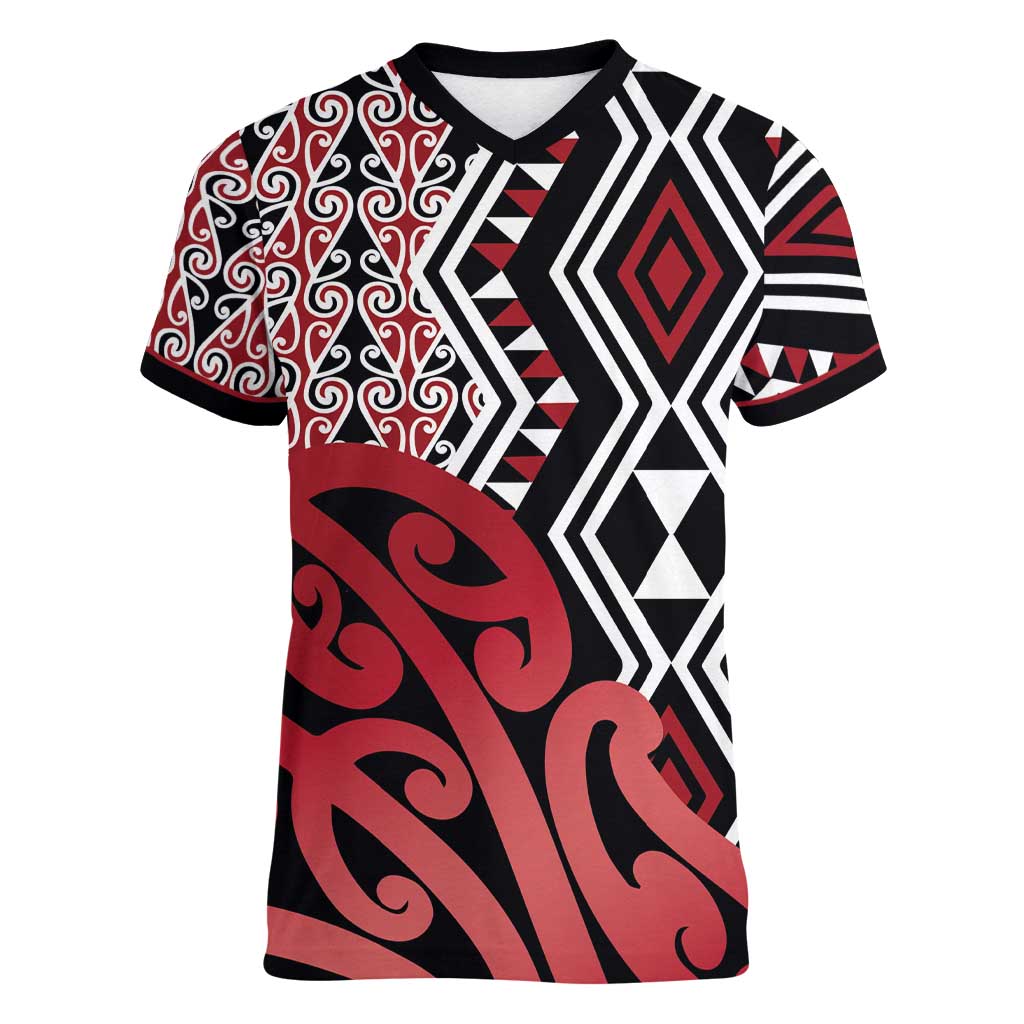 New Zealand Women V-Neck T-Shirt Aotearoa Kowhaiwhai Mix Taniko Art - Red LT14 Female Red - Polynesian Pride