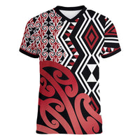 New Zealand Women V-Neck T-Shirt Aotearoa Kowhaiwhai Mix Taniko Art - Red LT14 Female Red - Polynesian Pride