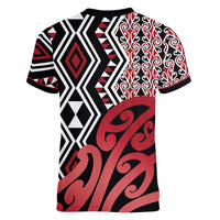 New Zealand Women V-Neck T-Shirt Aotearoa Kowhaiwhai Mix Taniko Art - Red LT14 - Polynesian Pride