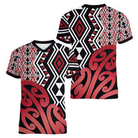New Zealand Women V-Neck T-Shirt Aotearoa Kowhaiwhai Mix Taniko Art - Red LT14 - Polynesian Pride