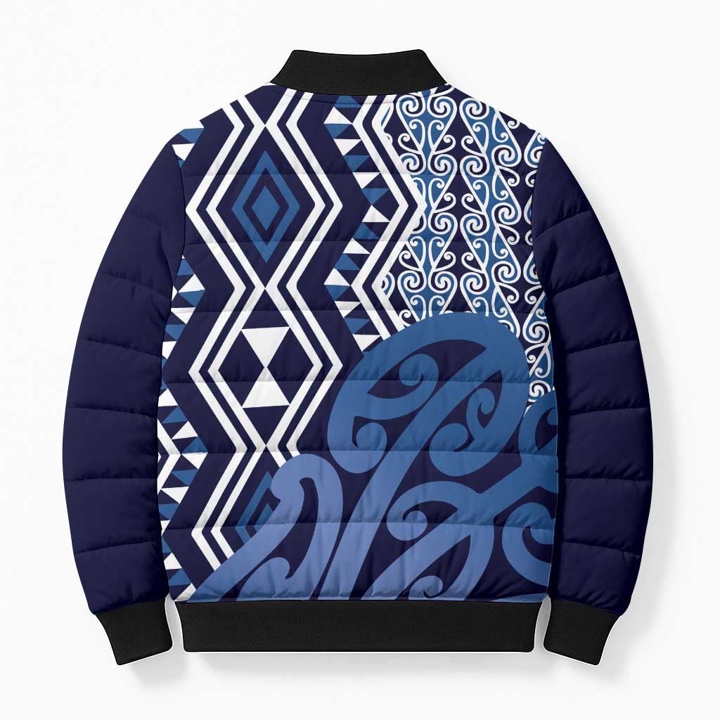 New Zealand Bomber Puffer Jacket Aotearoa Kowhaiwhai Mix Taniko Art - Blue - Polynesian Pride