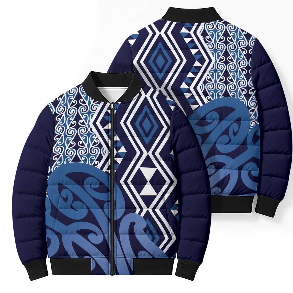 New Zealand Bomber Puffer Jacket Aotearoa Kowhaiwhai Mix Taniko Art - Blue - Polynesian Pride