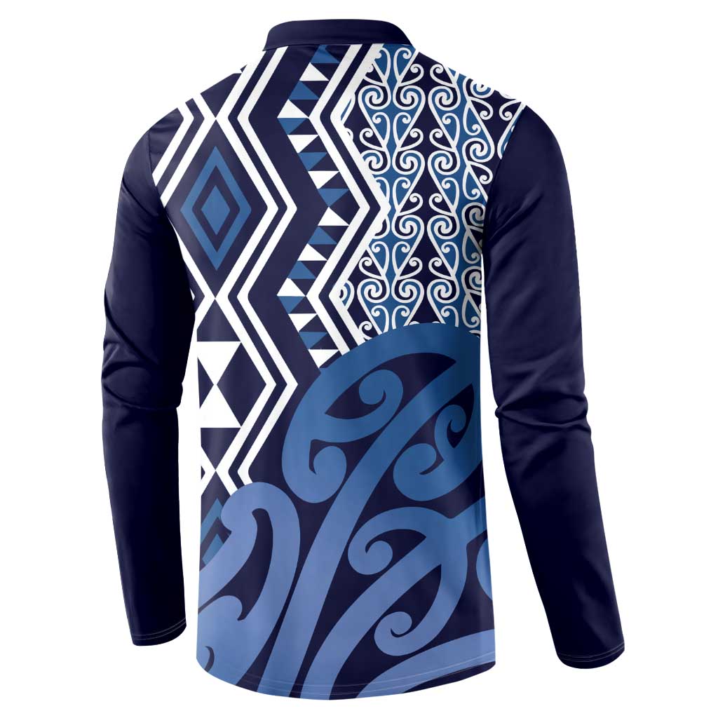 New Zealand Button Sweatshirt Aotearoa Kowhaiwhai Mix Taniko Art - Blue